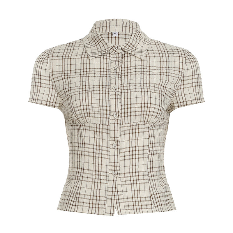 Blusa informal de manga corta con solapa y rayas para mujer
