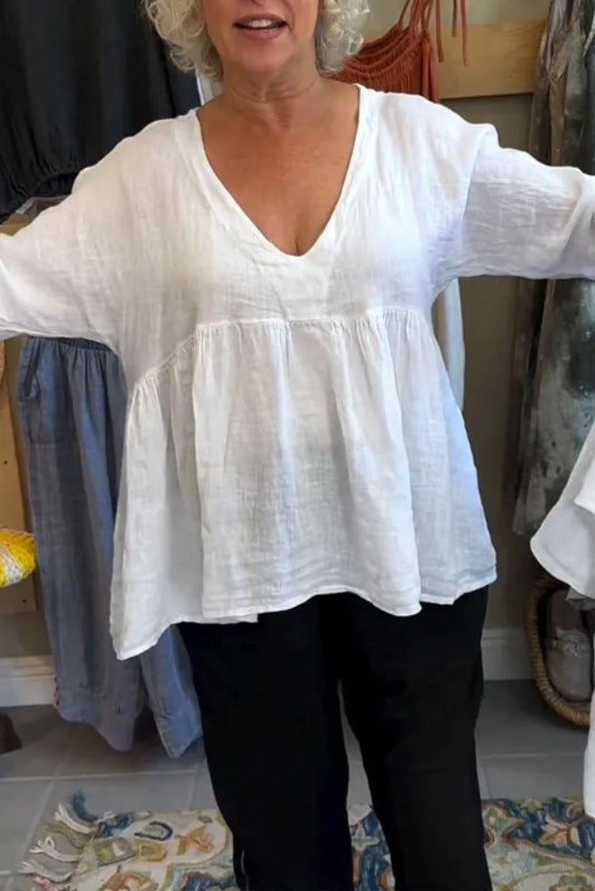 Women Casual Solid Cotton Linen V-Neck Blouse