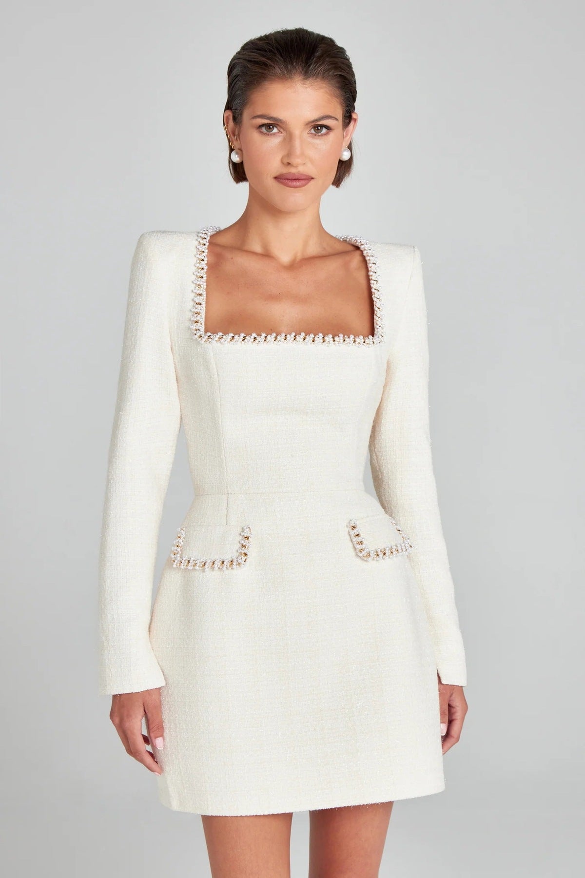 Robe chic à col carré et manches longues et perles pour femme