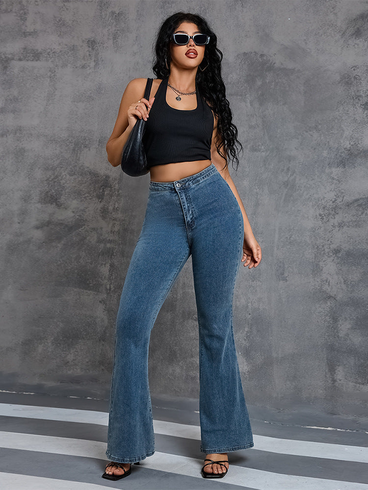 Women Fashion Casual Solid Color Stretch High Waist Wide Leg Flared Jeans