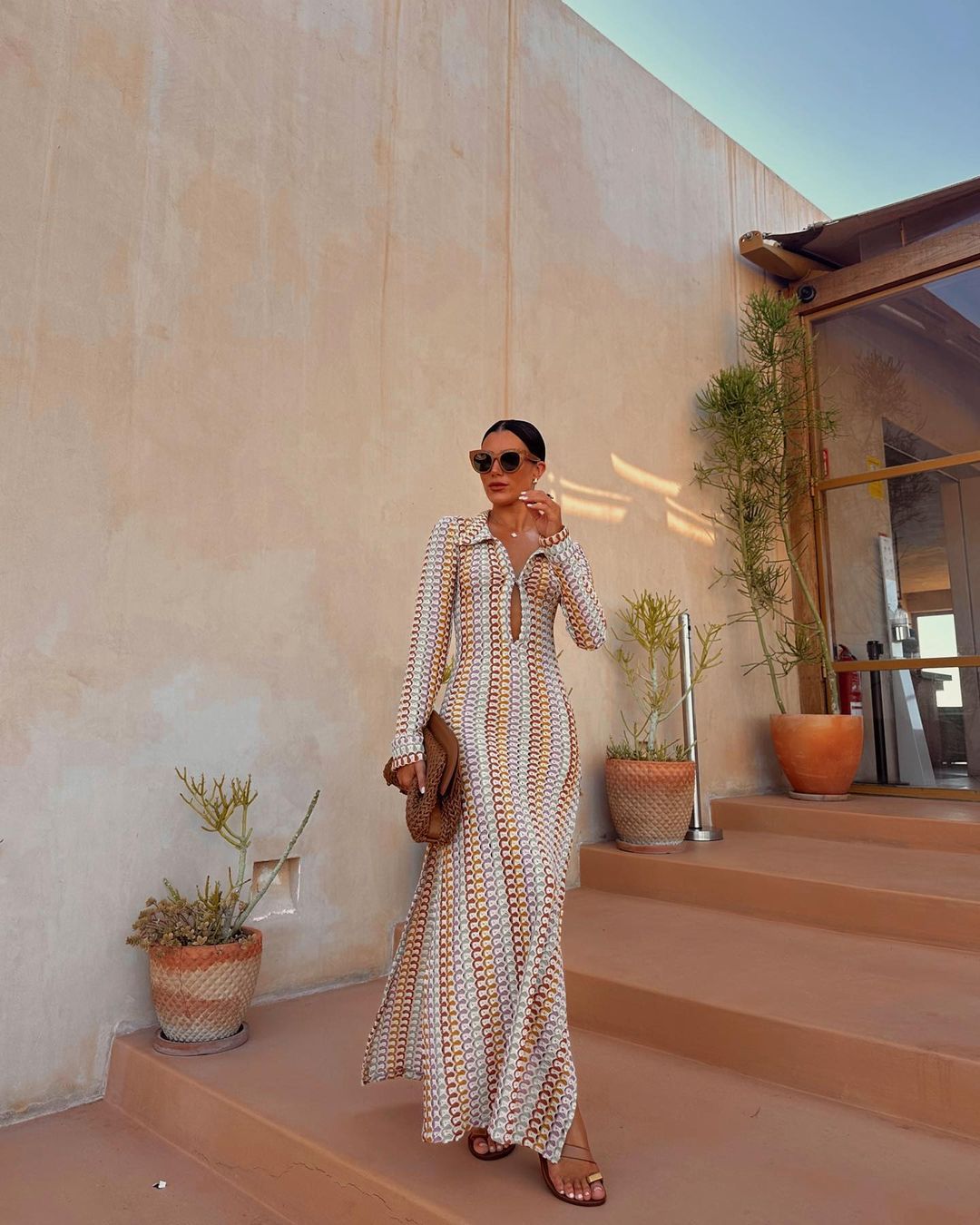 Women Bohemian Crochet Cutout V-Neck Side Slit Maxi Dress