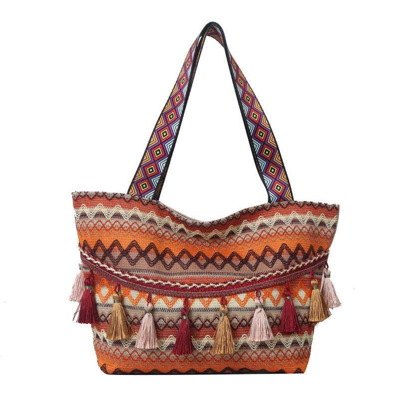 Bolso de mano de gran capacidad con borlas étnicas bohemias