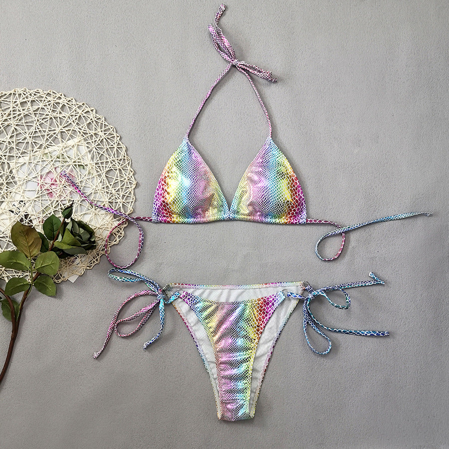 Traje de baño bikini de charol con estampado de piel de serpiente degradado para mujer