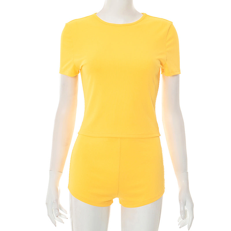 Women Casual Solid Color Round Neck Short Sleeve T-Shirt and Shorts Set