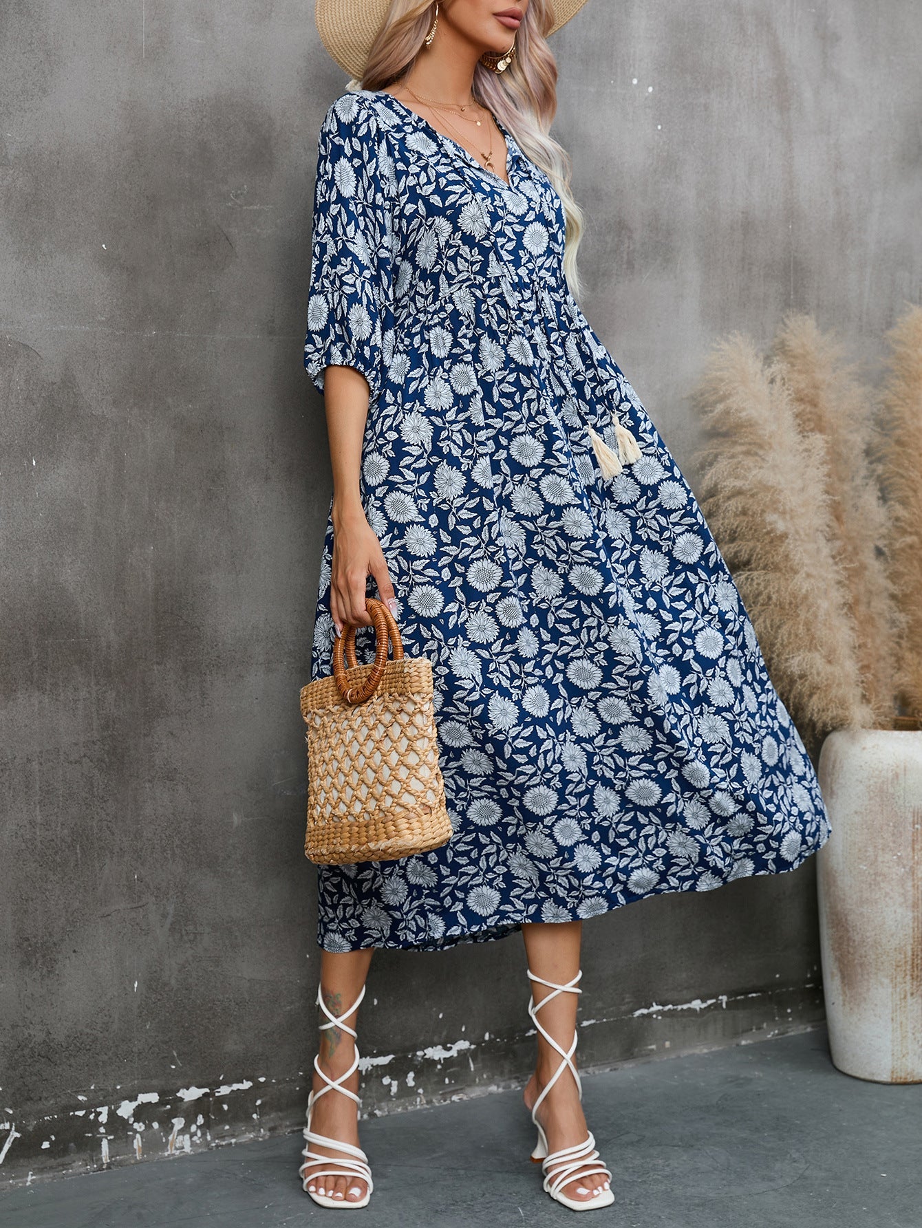 Vestido informal de primavera y verano para mujer, con cintura alta, estampado floral y escote en V