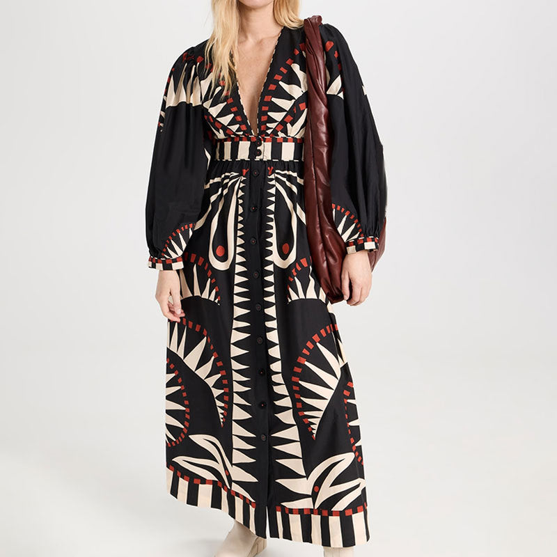 Vestido largo con cuello en V y estampado geométrico retro de talla grande para mujer