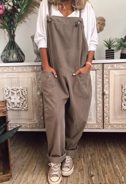 Women Casual Solid Color Cotton Linen Sleeveless Jumpsuit