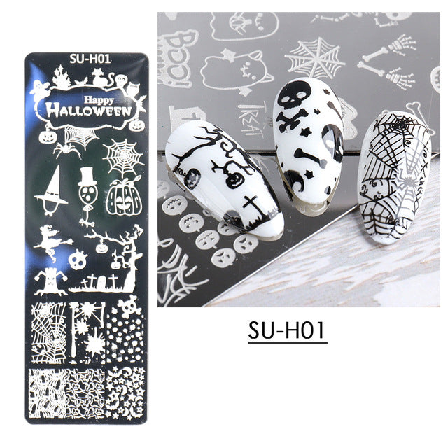 Autocollant pour ongles Halloween motif citrouille, crâne et toile d'araignée