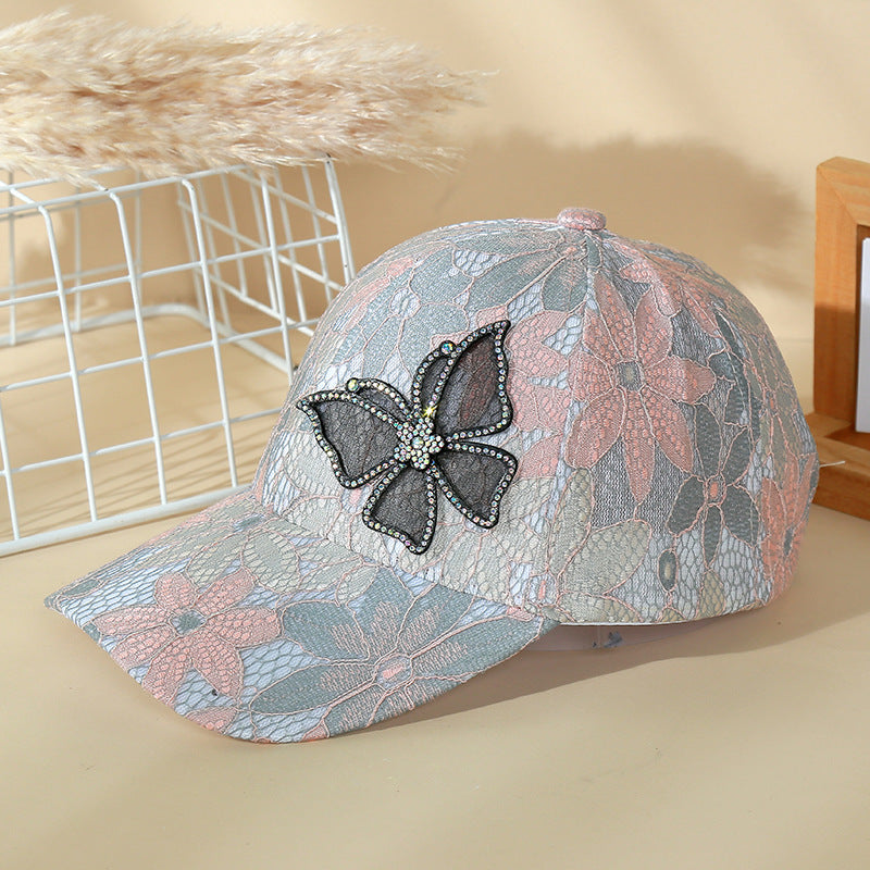 Gorra de béisbol con mariposas y encaje de diamantes de imitación para mujer