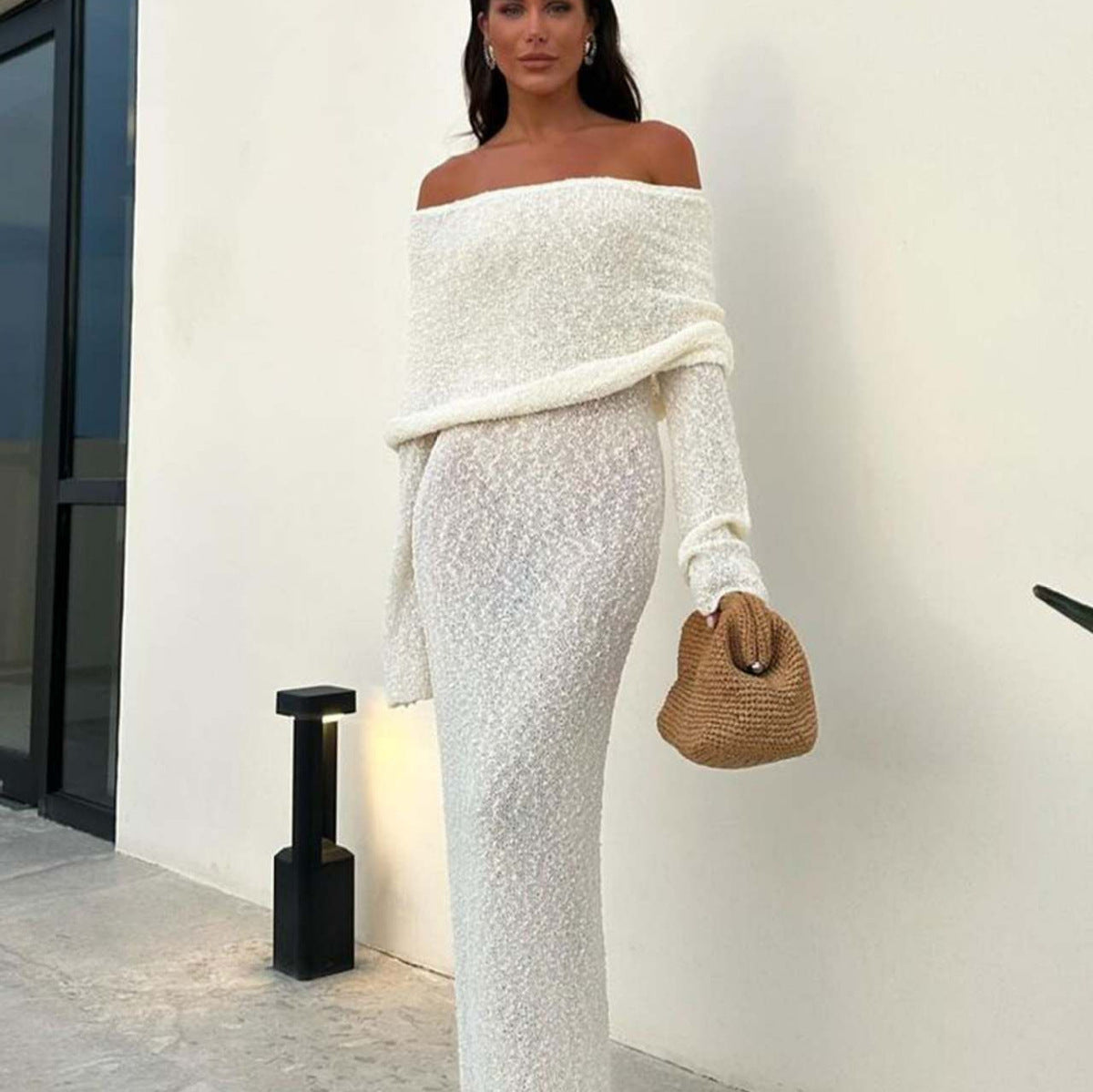 Vestido playero liso de manga larga con cuello redondo para mujer