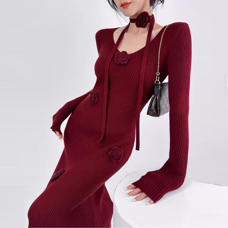 Vestido midi de punto con mangas largas y cuello en V para mujer