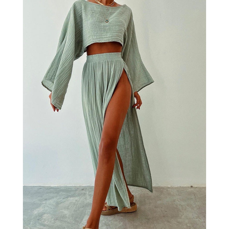 Women Casual Solid Cotton Linen Long Sleeve Crop Top and Skirt Set
