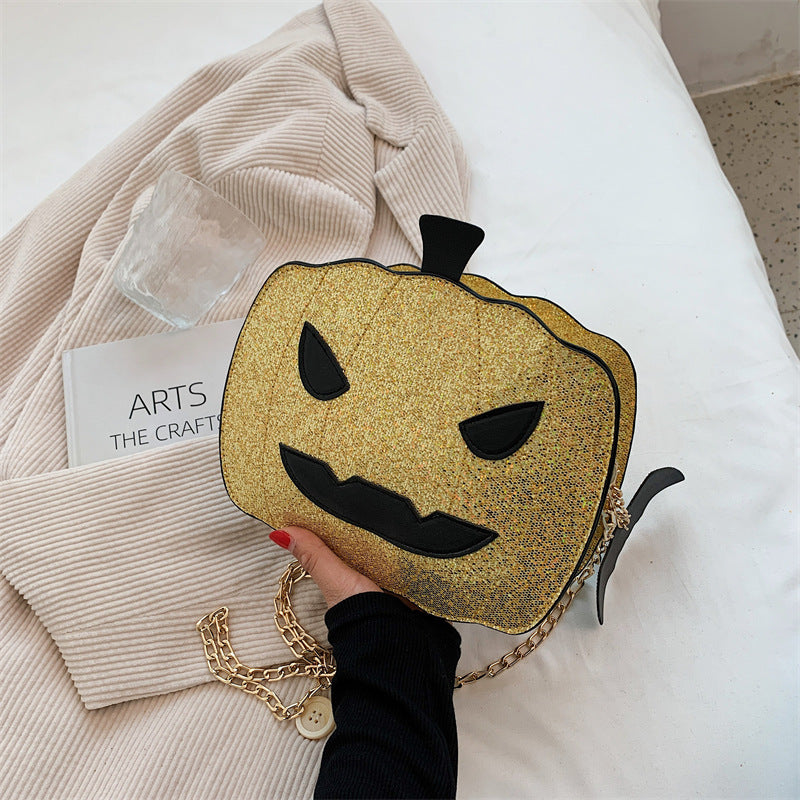Bolso bandolera de un solo hombro con cadena y diseño de calabaza y lentejuelas de Halloween