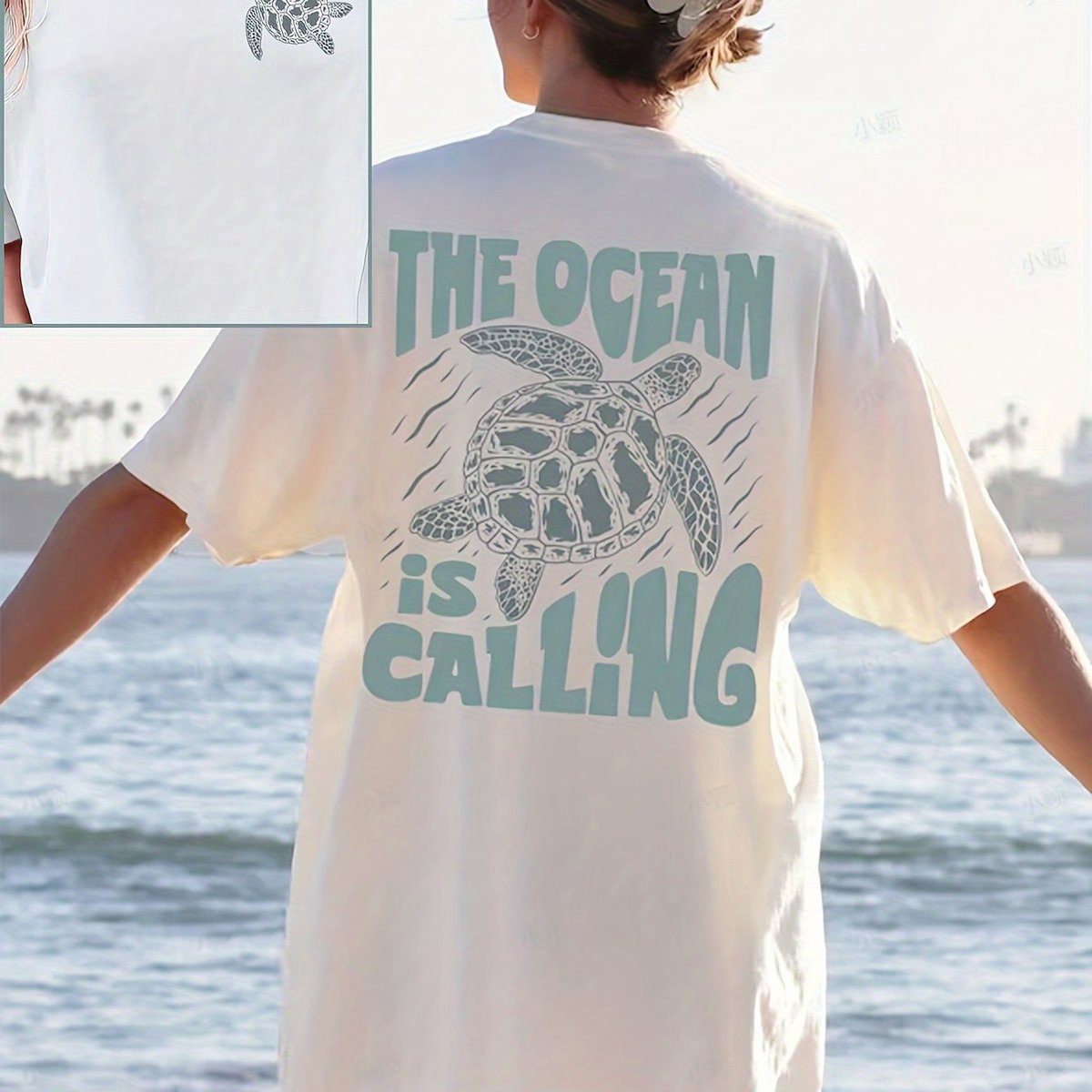 Camiseta informal de algodón con estampado de letras y tortugas para mujer