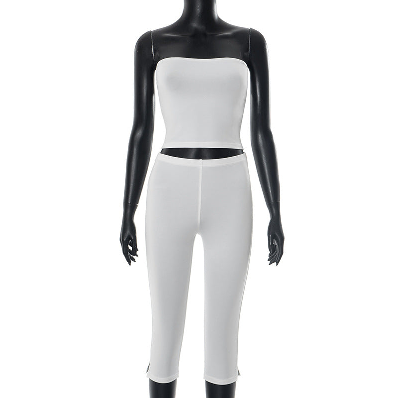 Conjunto de dos piezas sexy sin tirantes de color sólido para mujer con pantalones cortos y top