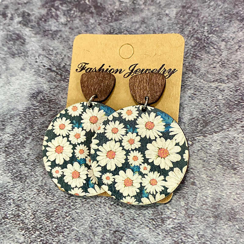 Boucles d'oreilles bohèmes rétro en bois avec coutures florales