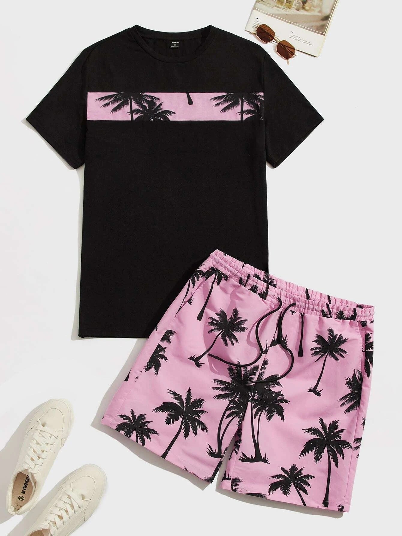 Hawaiian Casual Vacation Men Cotton Coconut Tree T-Shirt Set