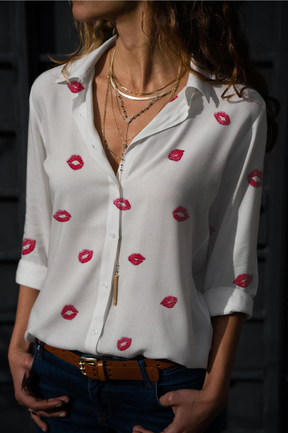 Women Casual Lips Love Print Long Sleeve Blouse