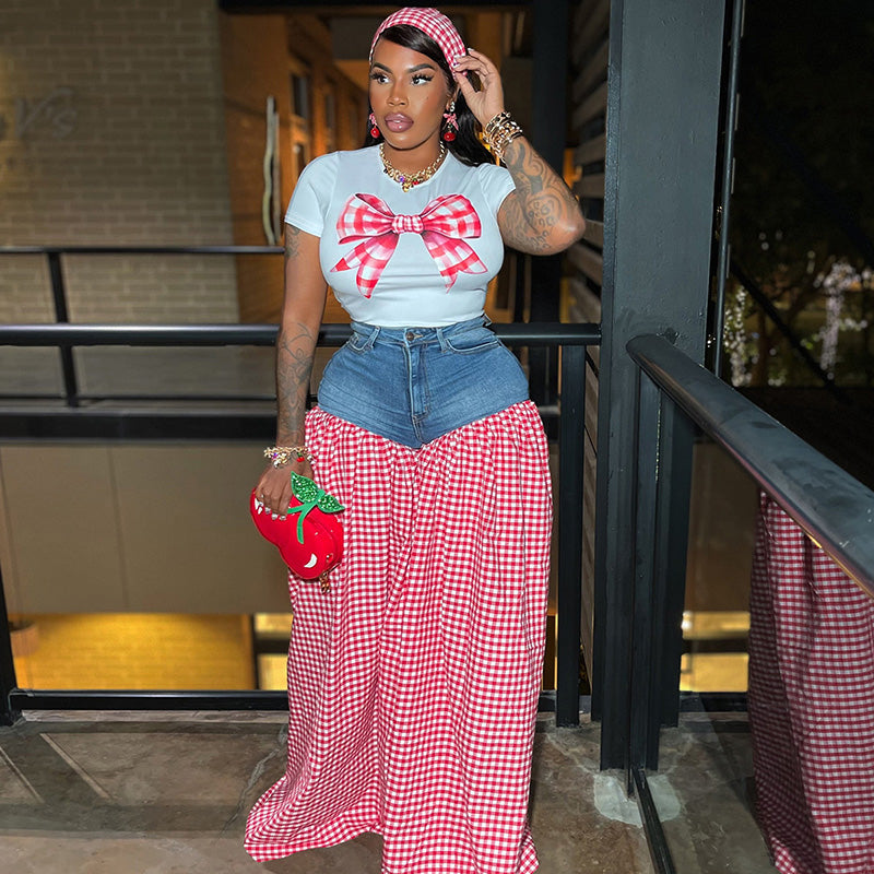Ensemble t-shirt rose à nœud et pantalon en jean à carreaux pour femme
