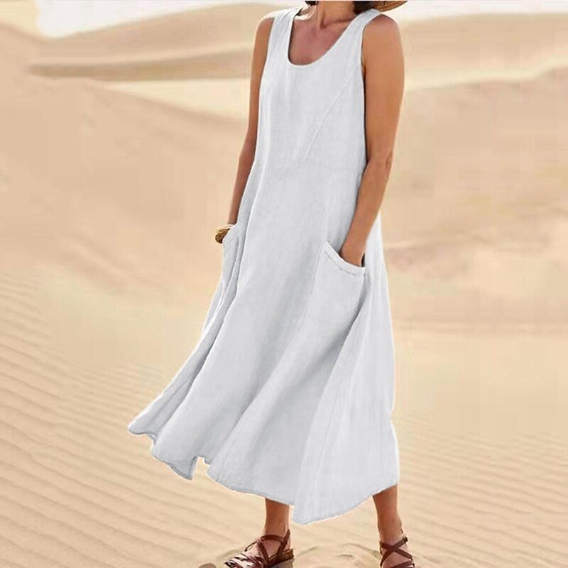 Robe d'été décontractée en lin de couleur unie pour femme