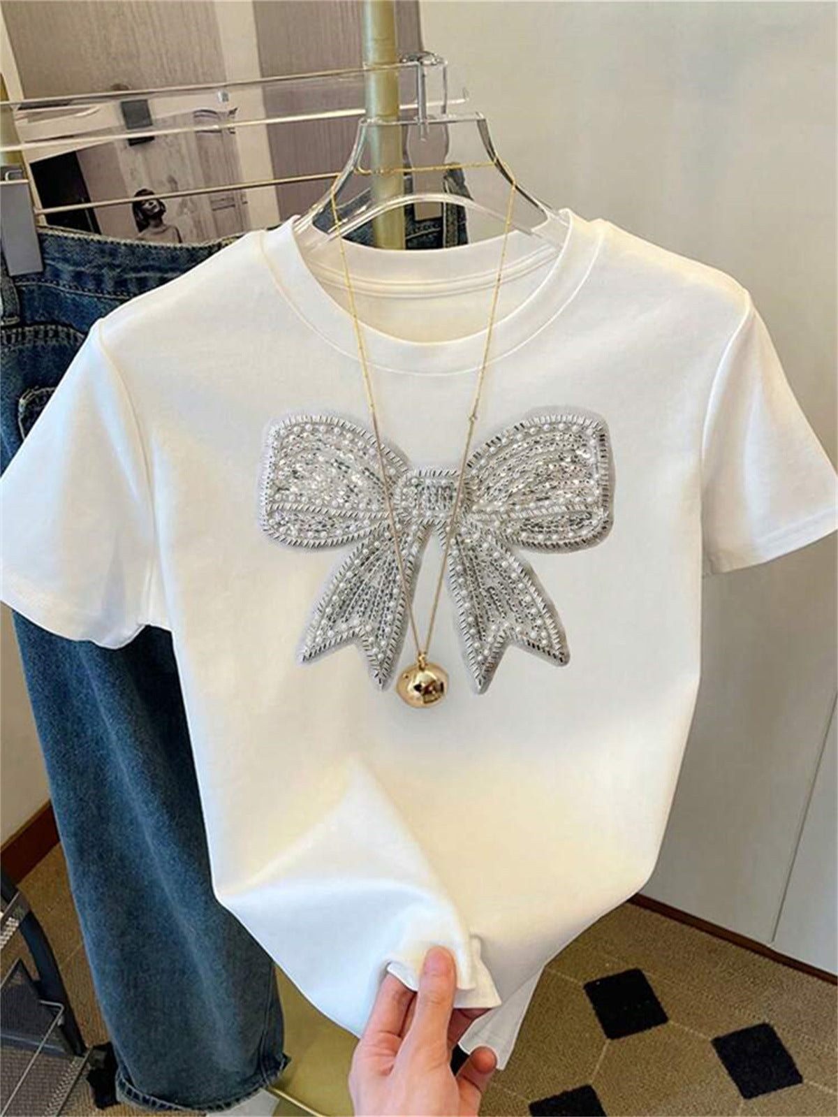 T-shirt d'été décontracté à col rond et imprimé nœud pour femme