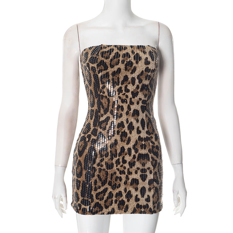 Robe sexy à paillettes léopard pour femme