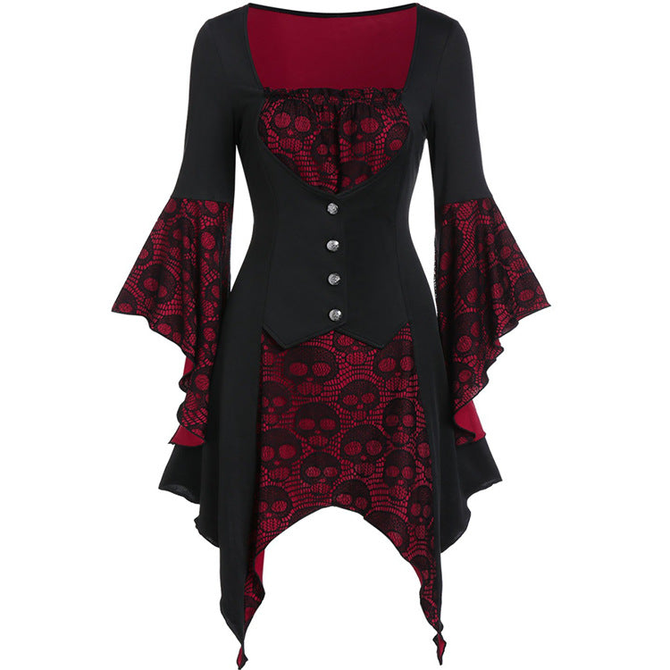 Robe gothique en dentelle à motif tête de mort et jupe irrégulière pour femme