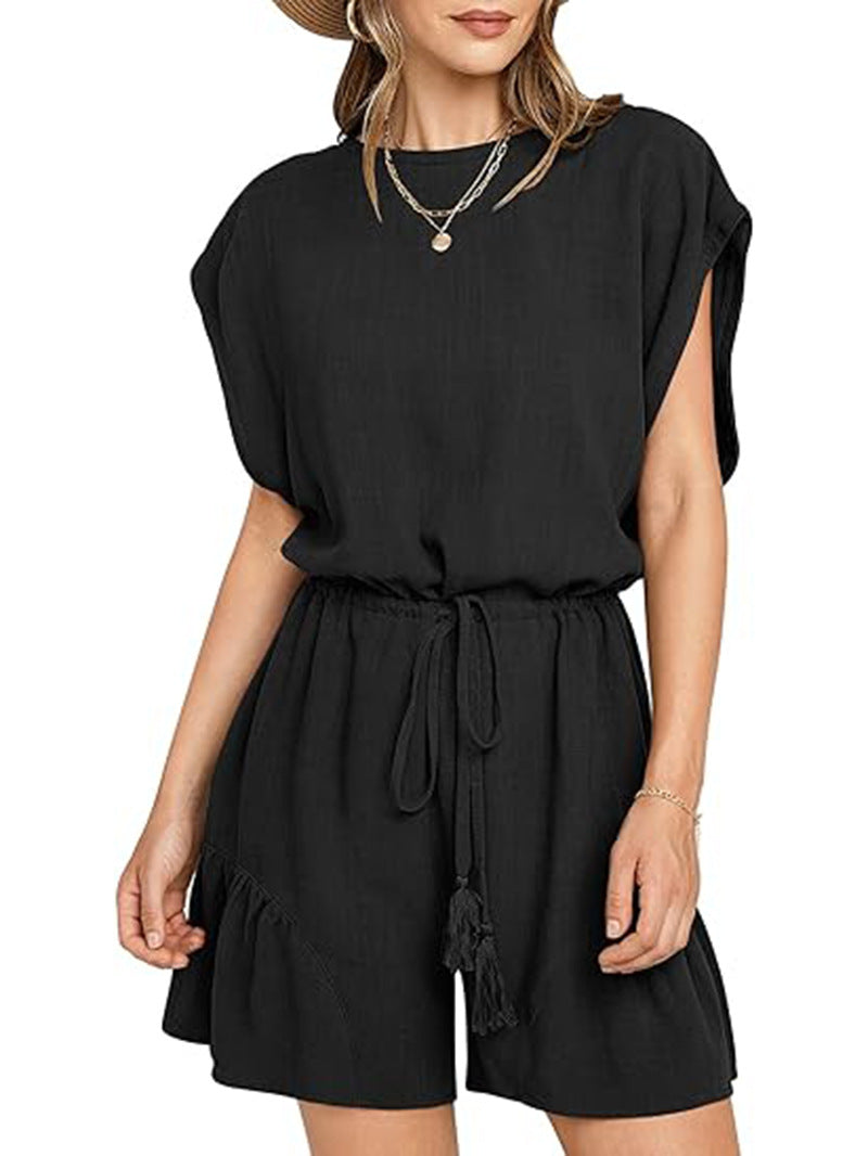 Combinaison décontractée en coton et lin pour femme, couleur unie