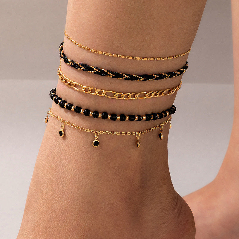 Boho Rope Woven Tassel Beads Anklet Set