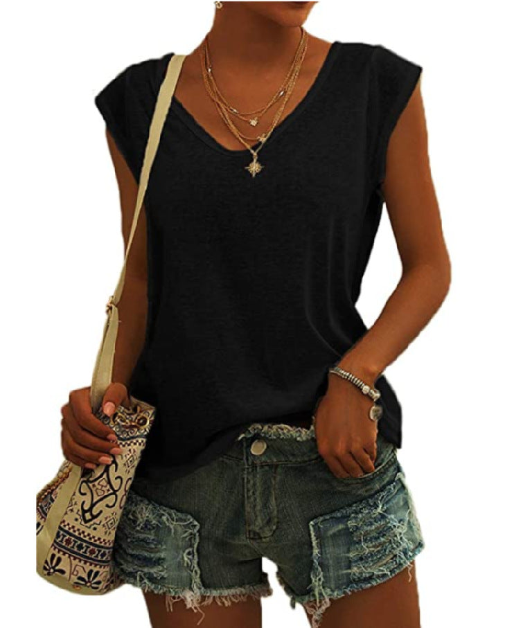 Camiseta sencilla de verano para mujer, color liso, con cuello en V