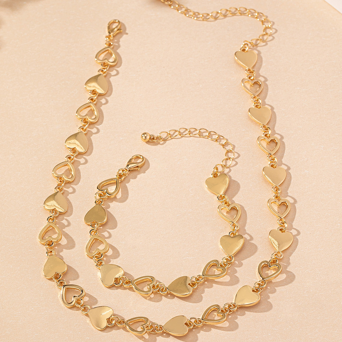 Women Fashion Hollow Love Necklace Bracelet Set Gold Alloy
