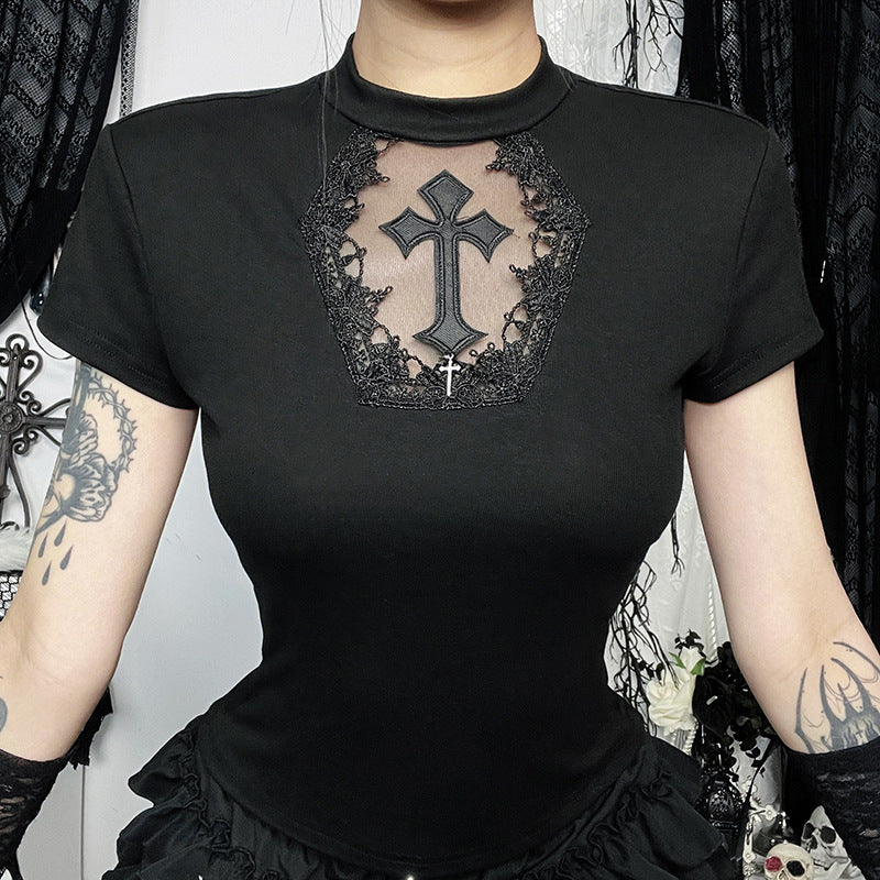 Women Fashion Sexy Gothic Cross Lace T-Shirt