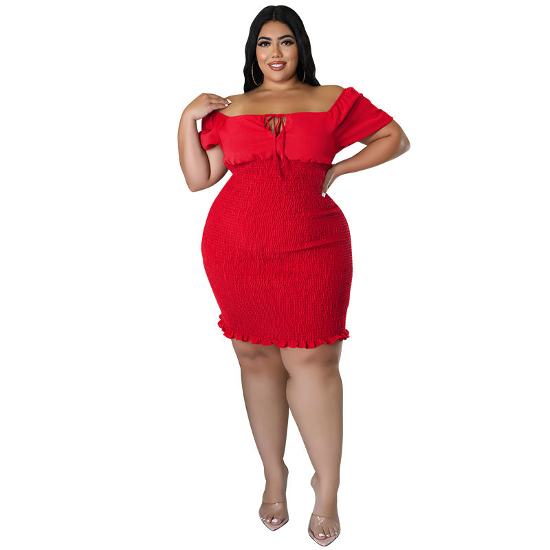 Women Solid Color Off Shoulder Short-Sleeve Dress