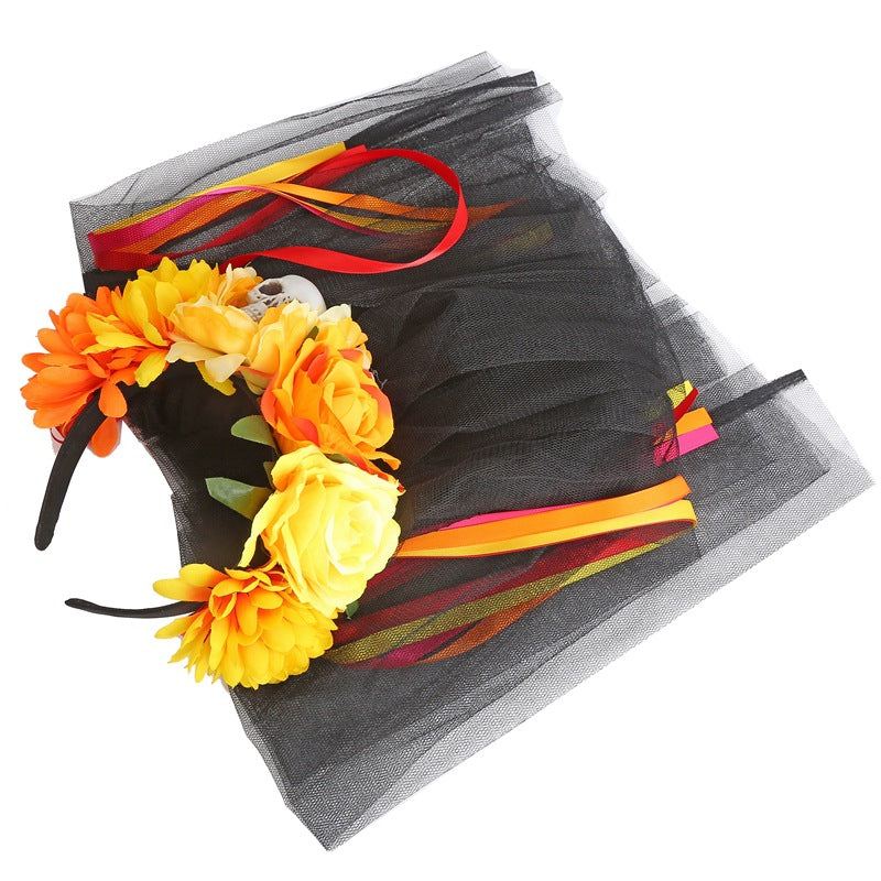 Bandeau de style sombre avec tête de mort et motif floral pour Halloween