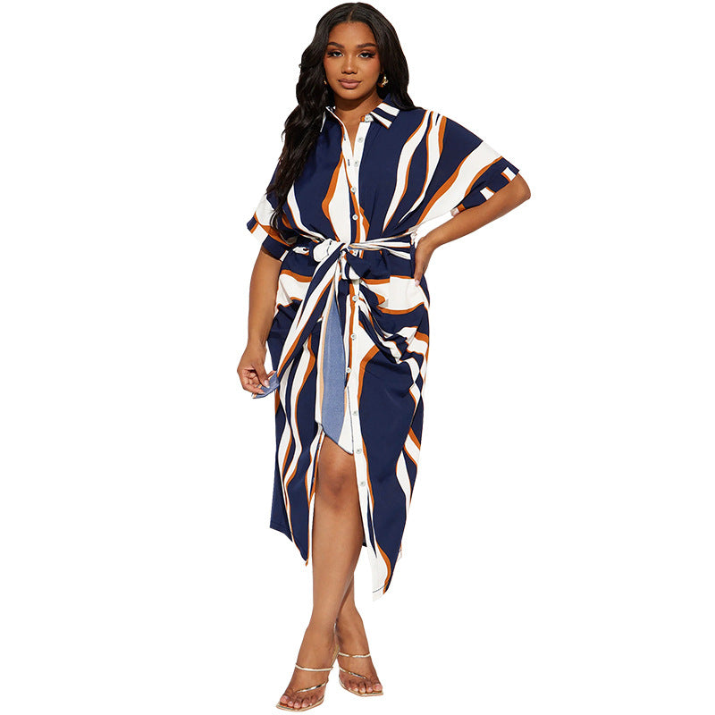 Robe rayée à manches courtes et revers pour femme, grande taille, en coton