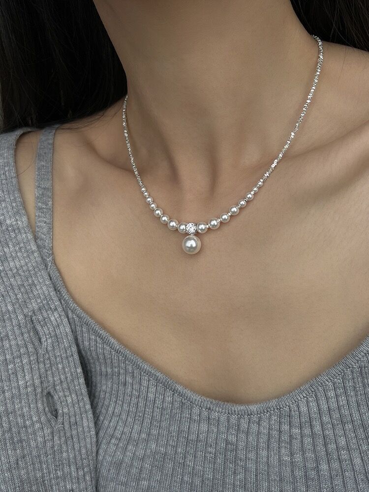Collar elegante de perlas de plata para mujer, estilo geométrico