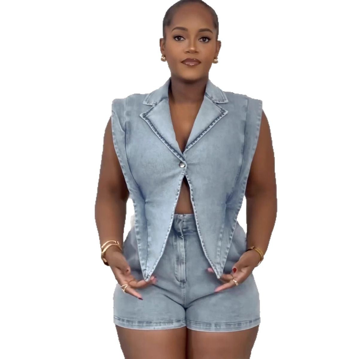 Mono vaquero informal sin mangas con cuello en V para mujer
