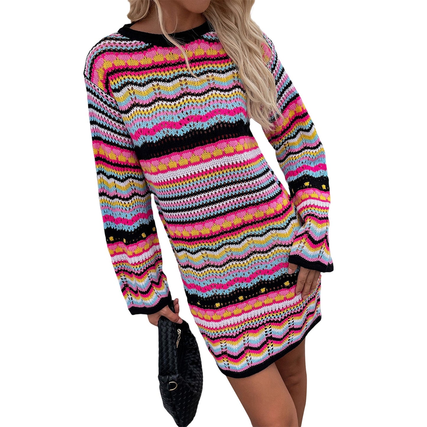 Vestido corto de punto de manga larga con rayas y bloques de color bohemios y vanguardista para mujer