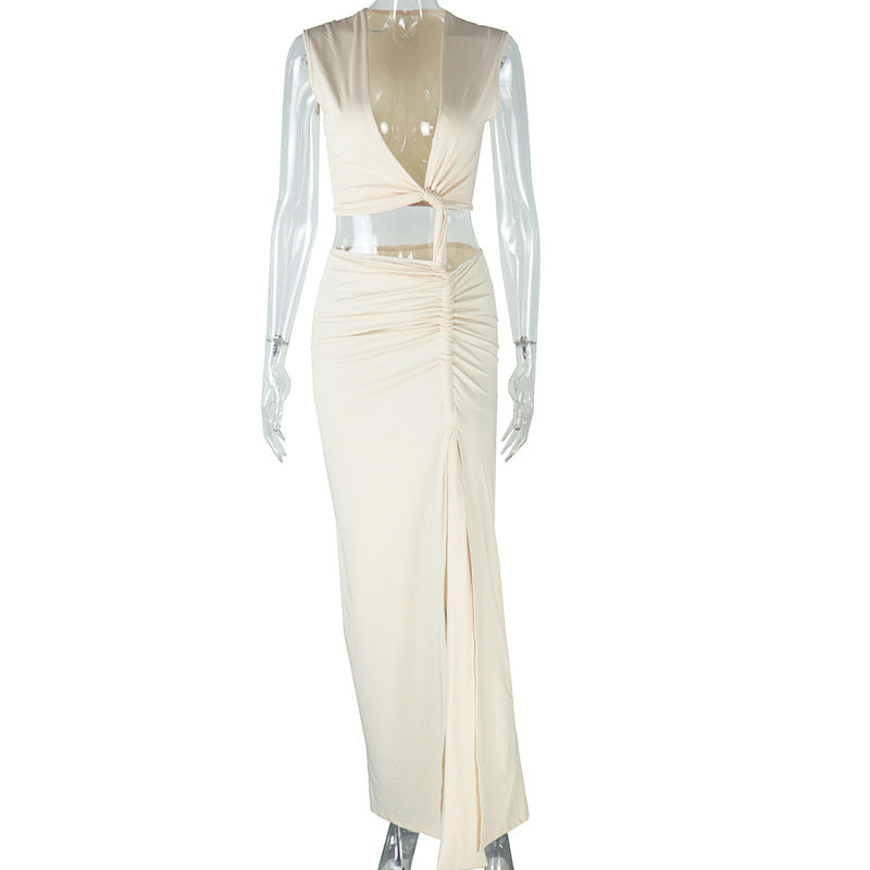 Vestido largo con escote en V y color liso para mujer
