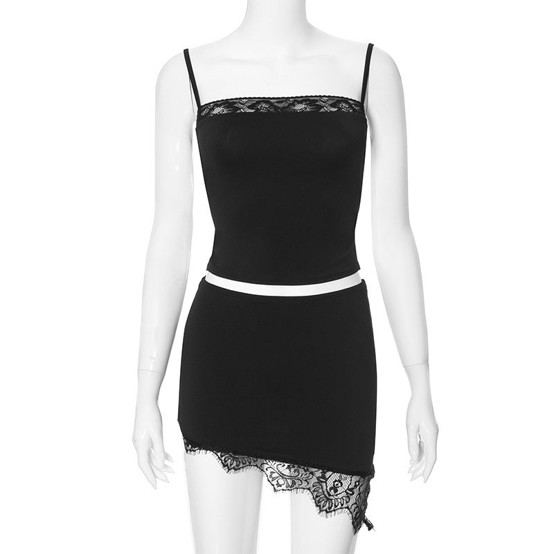 Ensemble caraco et jupe sexy en dentelle de couleur unie pour femme