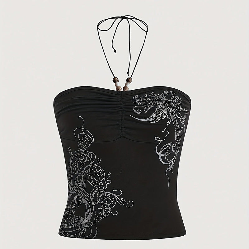 Women Dark Gothic Pattern Printed Halter Neck Camis