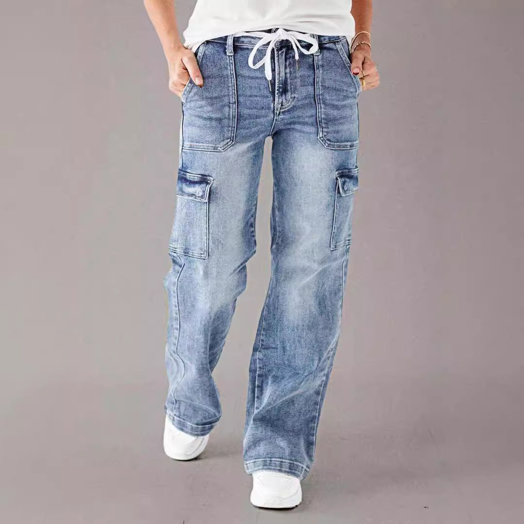 Women Fashion Casual Cargo Jeans with Pockets and Lace-Up Detail