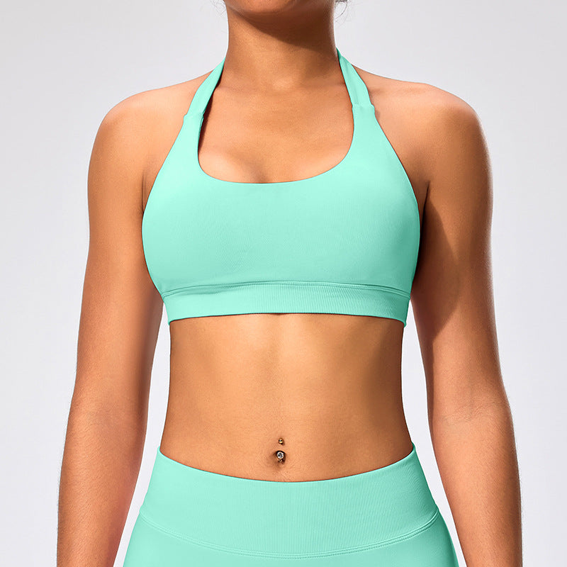 Haut de yoga sexy à col licou et couleur unie pour femme