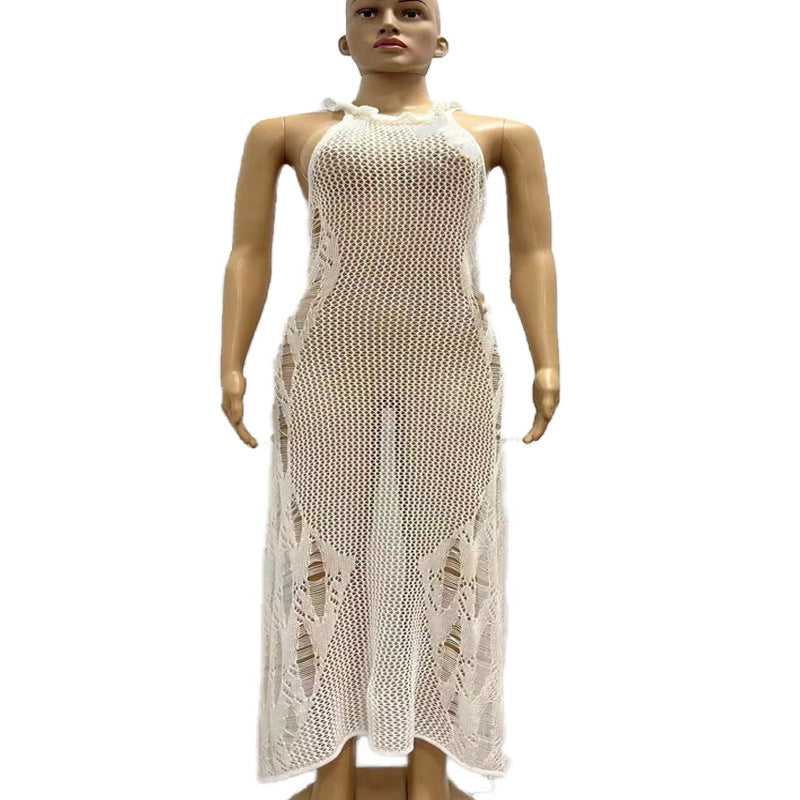 Women Vacation Sexy Hollow Mesh Knitted Long Dress