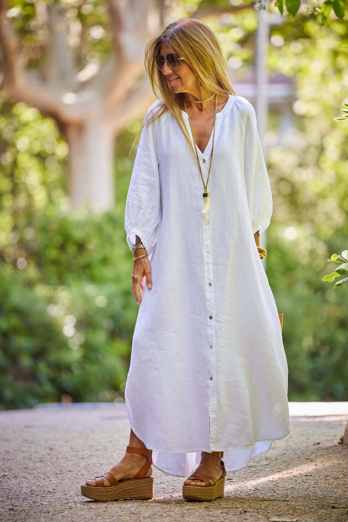 Vestido largo elegante de lino y algodón informal a la moda para mujer