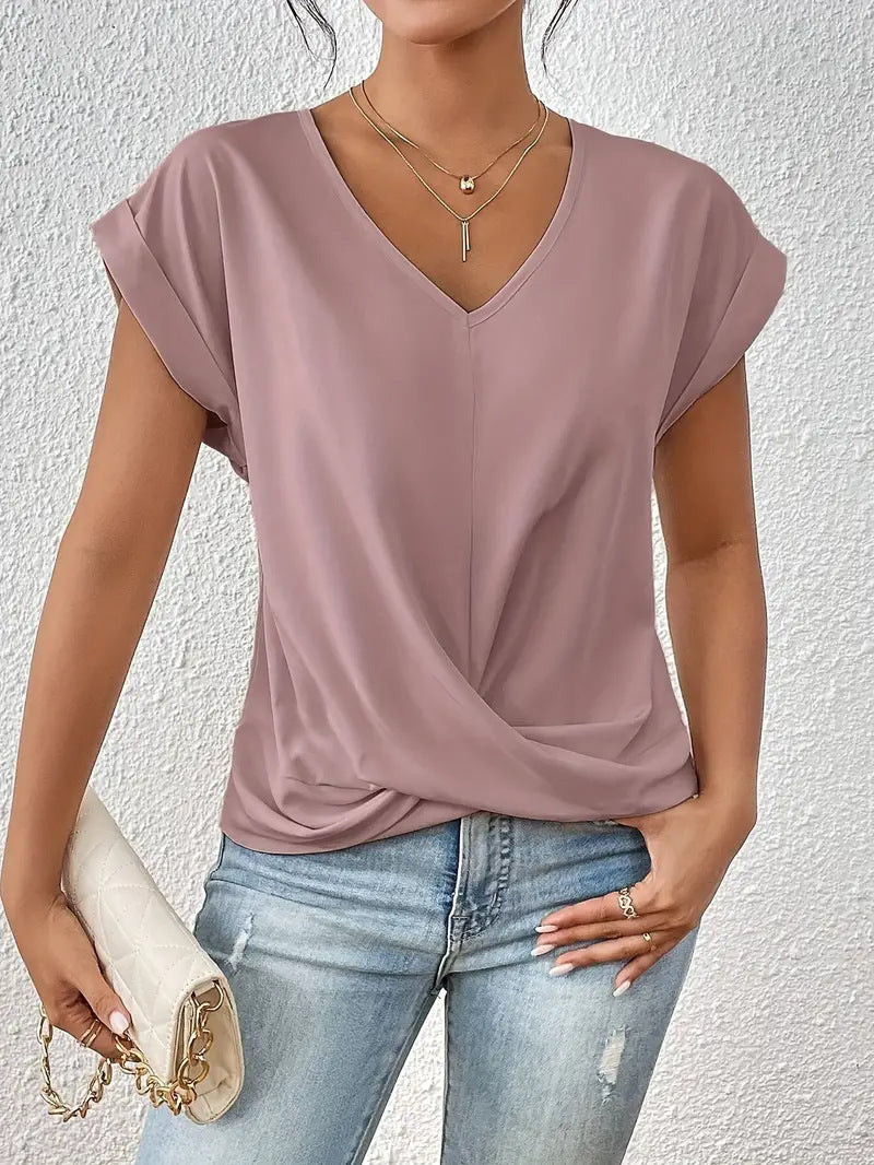 Summer Women Casual Solid Color V-Neck Short Sleeve Blank T-Shirt