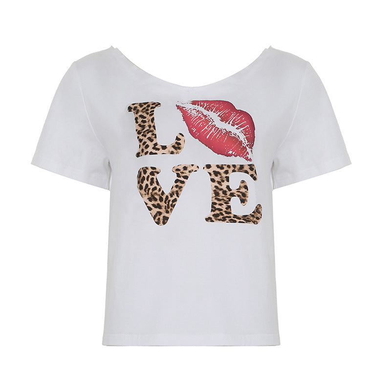 Y2K Women Off-Shoulder V-Neck Leopard T-Shirt