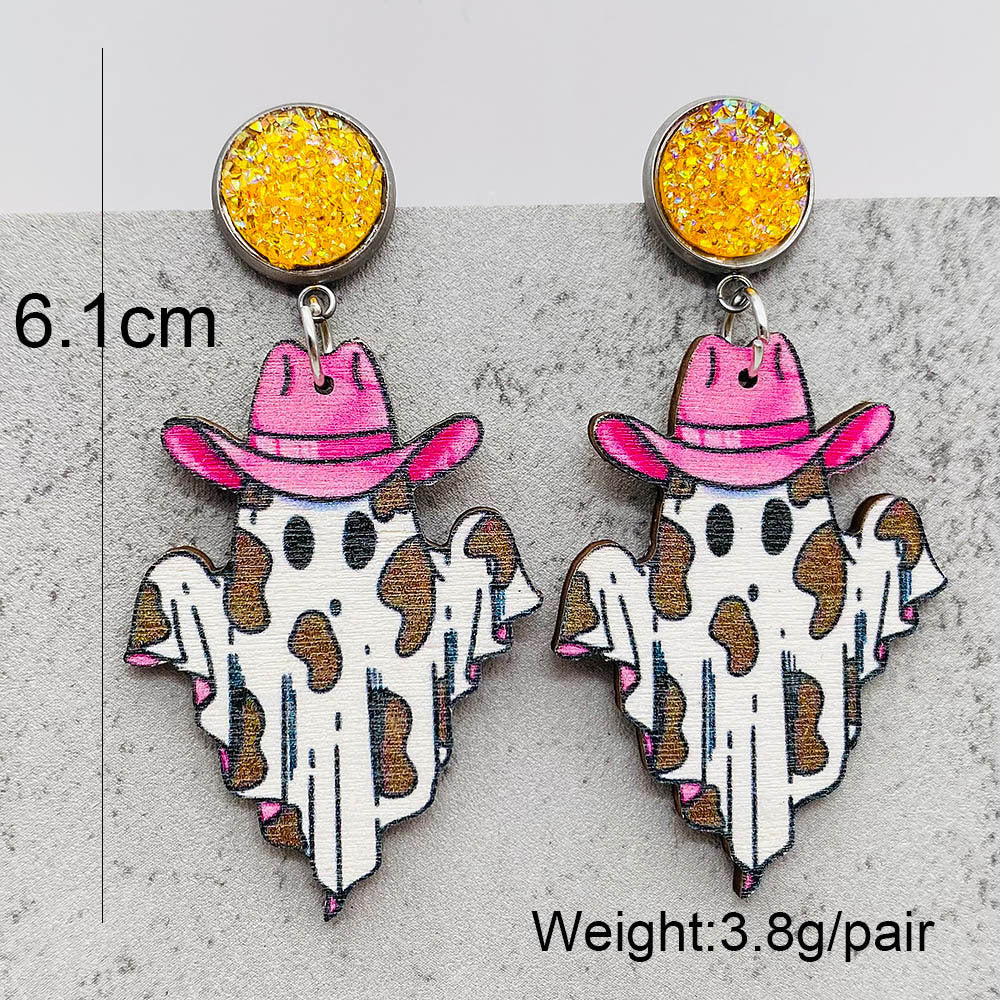 Halloween Women Fashion Retro Ghost Pulley Wooden Earrings