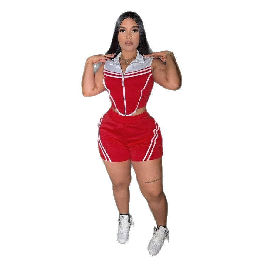 Conjunto de dos piezas de top y pantalones cortos sin mangas con costuras de rayas informales para mujer