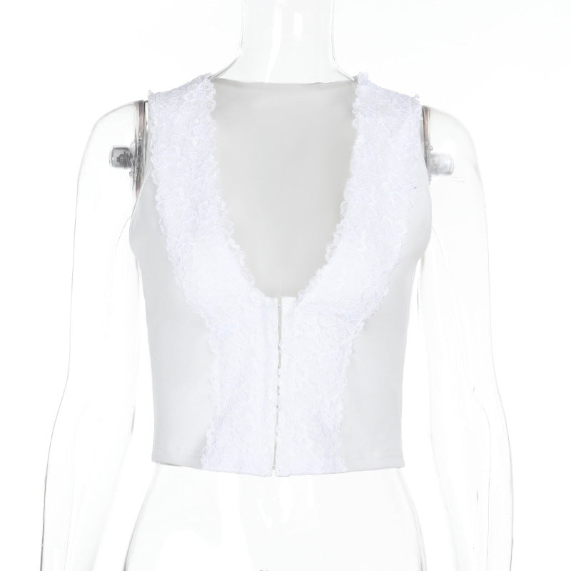 Women Fashion Sexy Solid Color Lace Edge Crop Top